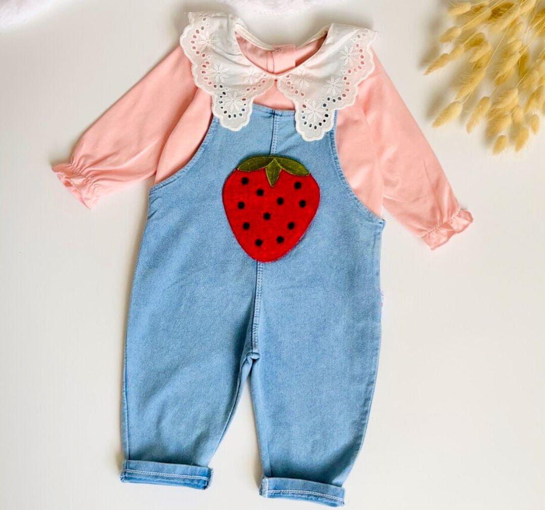 BADİ DETAYLI ÇİLEK BASKILI KOT TULUM