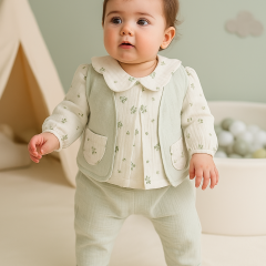 ÇITIR ÇİÇEK BASKILI YELEK VE GÖMLEKLİ MÜSLİN 3'LÜ TAKIM