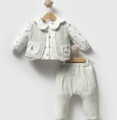 ÇITIR ÇİÇEK BASKILI YELEK VE GÖMLEKLİ MÜSLİN 3'LÜ TAKIM