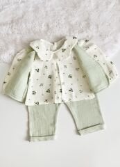 ÇITIR ÇİÇEK BASKILI YELEK VE GÖMLEKLİ MÜSLİN 3'LÜ TAKIM